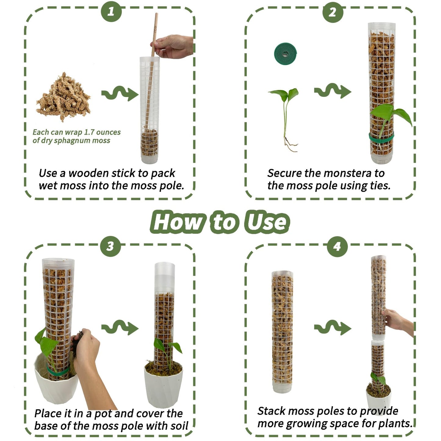Jegu Self-Watering Moss Pole for Monstera Plant Support, 18.8 Inch Stackable Plastic Moss Pole for Climbing Plants. (4PACK-Large)