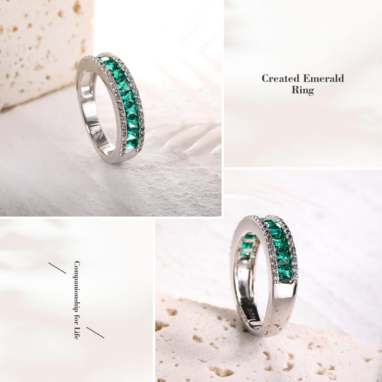 RANDES Created Emerald Eternity Rings for Women White Gold Plated Sterling Silver Channel Set Band Green Gem Anniversary Birthstone Ring Size 6