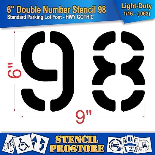 Pavement, Curb, and WheelStop Stencils - 6 inch Double Number Stencil - (98) - 6" x 9" x 1/16" (63 mil) - Light-Duty
