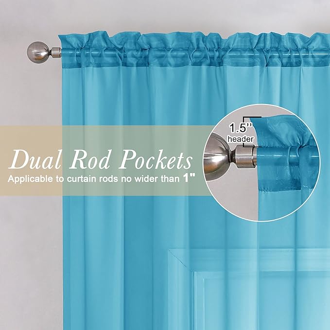 Lecloud Turquoise Sheer Curtains 120 Inches Long 2 Pcs, Light Filtering Rod Pockets Airy Window Curtains for Living Room Decor, Rustic Soft Bedroom Curtain Drapes, Each Panel 59" W x 120" L