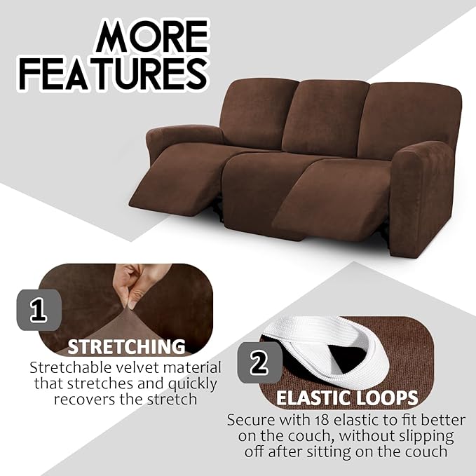 ULTICOR Velvet 8-Pieces Recliner Sofa Covers Stretch Reclining Couch Covers for 3 Cushion Reclining Sofa Slipcovers Furniture Covers Thick Soft Washable (3 Seater Recliner Cover, Chocolate)