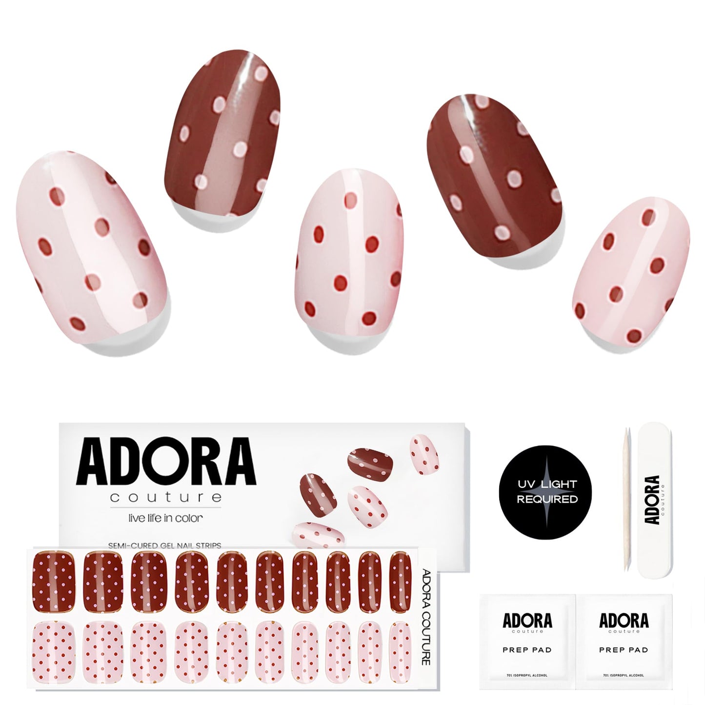 Adora Couture Semi-Cured Gel Nail Strips - 20 Salon-Quality Gel Sticker with UV Light Required, Long Lasting, Easy Application & Removal, Includes Prep Pad, Nail File, Wooden Stick (Dots Deluxe)