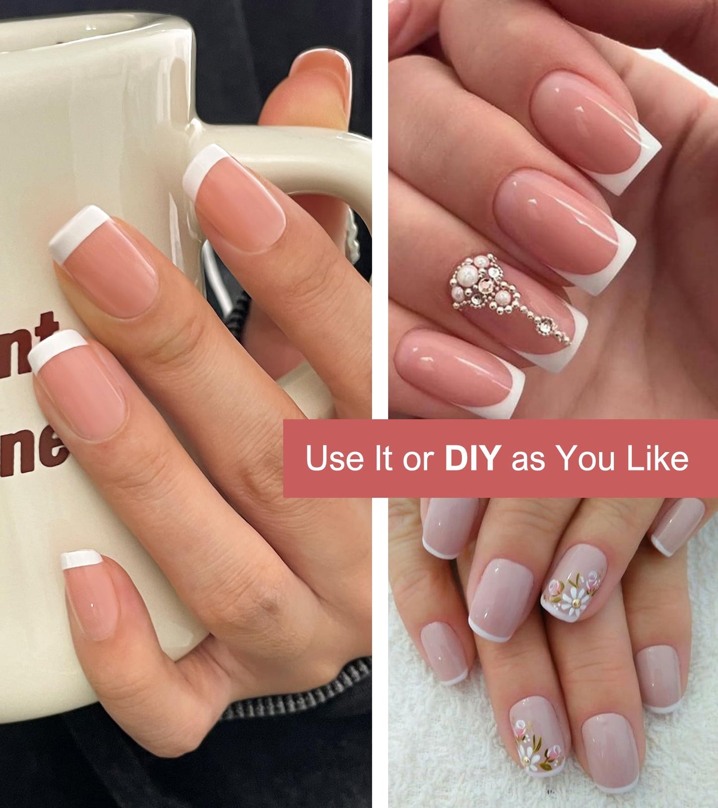 Morily Light Pink White French Tip Press on Nails - Medium Square Fake Nails Upgrade 15 Sizes Thicker False Nails with Designs Reusable Acrylic Stick on Nails for Women, 30 PCS, Include Glass File