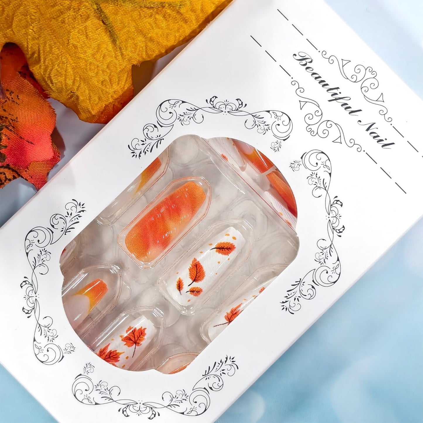 CJDLTS 30Pcs Fall Press on Nails Medium Ballet Artificial Acrylic Fake Nails French Orange Tip Maple Leaf Stick on Nail Full Cover Autumn Thanksgiving False Nail Artificial Fingernails for Women