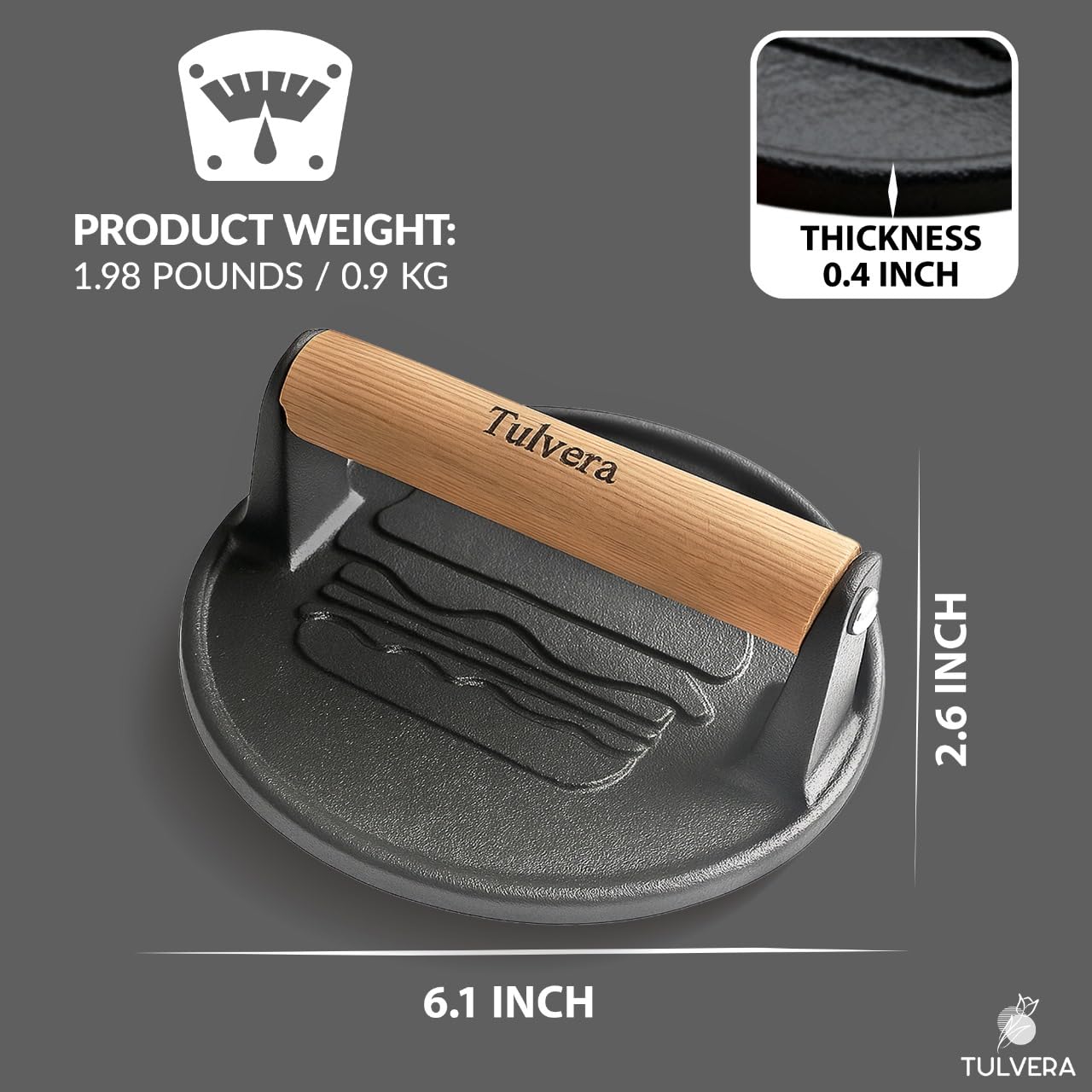 Tulvera Smash Burger Press | Cast Iron Hamburger Smasher Tool | Flat-Edge Meat Press for Hamburgers, Bacon, Outdoor Kitchen | Griddle & Grilling Accessories | Pre-Seasoned | 6.1”