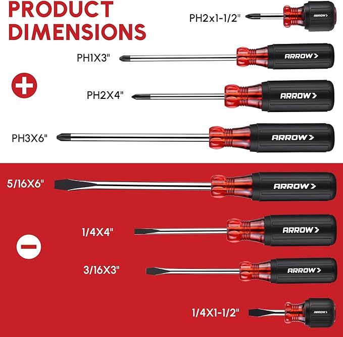ARROW 8 PCS Magnetic Screwdriver Set, Professional S2 Steel Screw Driver Kit with Non-Slip Cushion Grip, Stubby Screwdrivers, Magnetic Phillips and Flathead Tips, for Home and Industrial Use
