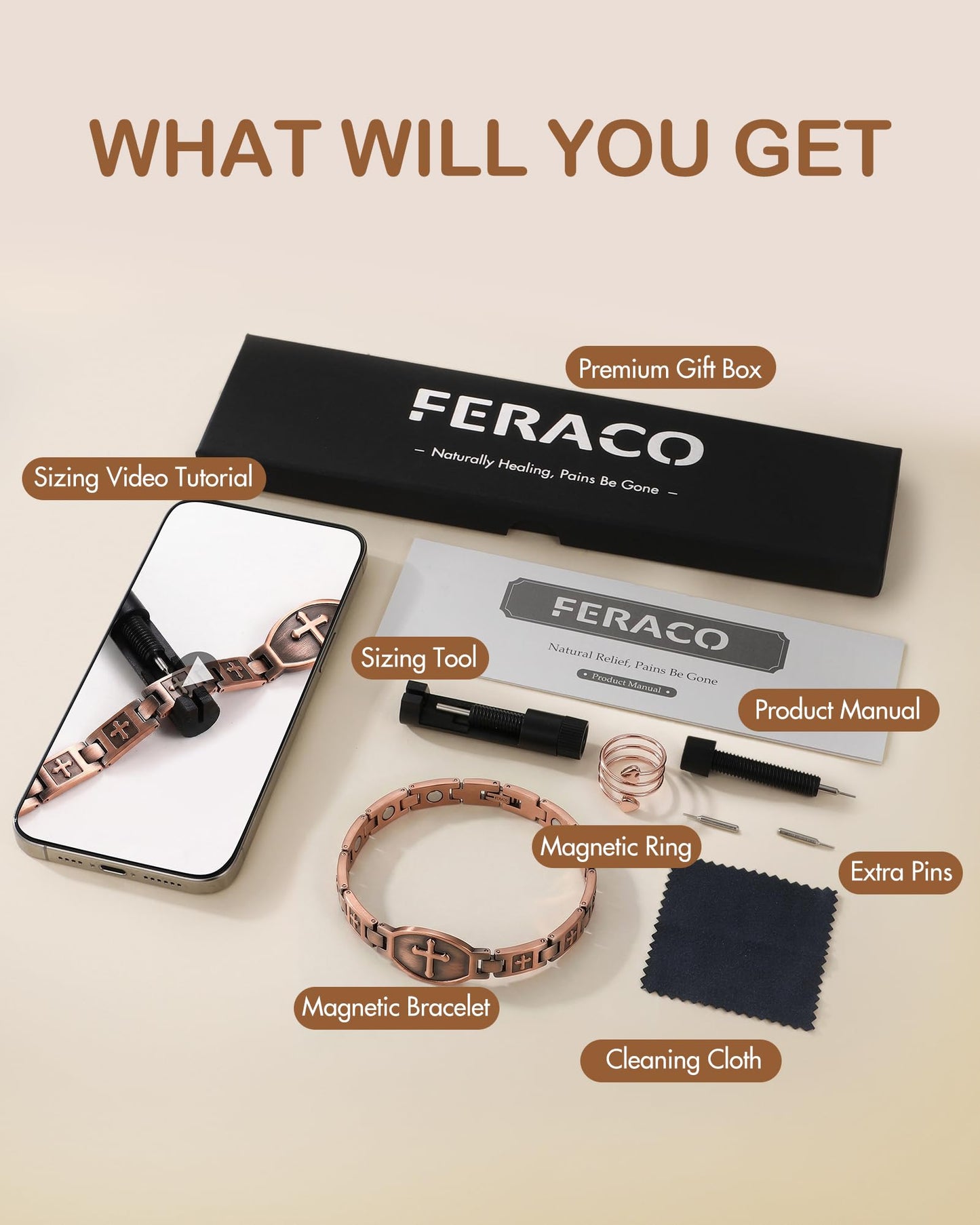 Feraco Copper Bracelet for Women 99.99% Solid Copper Magnetic Bracelets, Unique X Shape Links, Magnetic Field Therapy Jewelry Gifts (Religious Cross with Ring)