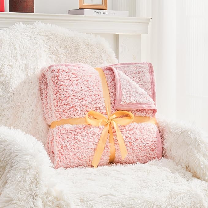 EMME Fuzzy Blanket Soft Fleece Throw Blankets for Women, Fluffy Sherpa Throws(Plush Pink,108"x90")