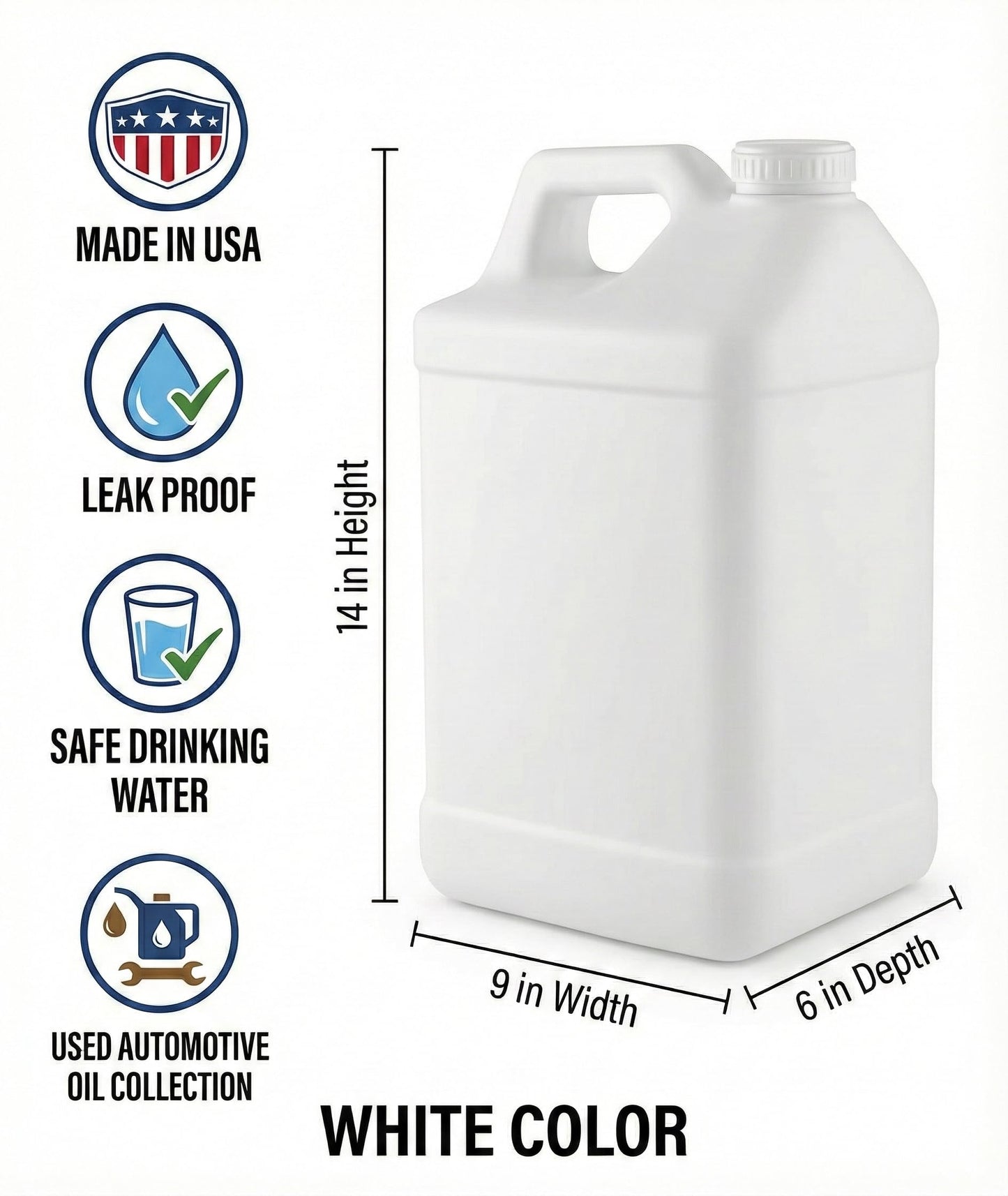 kitchentoolz 2.5 Gallon Water Jug – Heavy-Duty HDPE Carboy for Automotive Used Oil & Liquid Storage – 10 Quart Mixing Container with Secure Lid – Made in USA - White