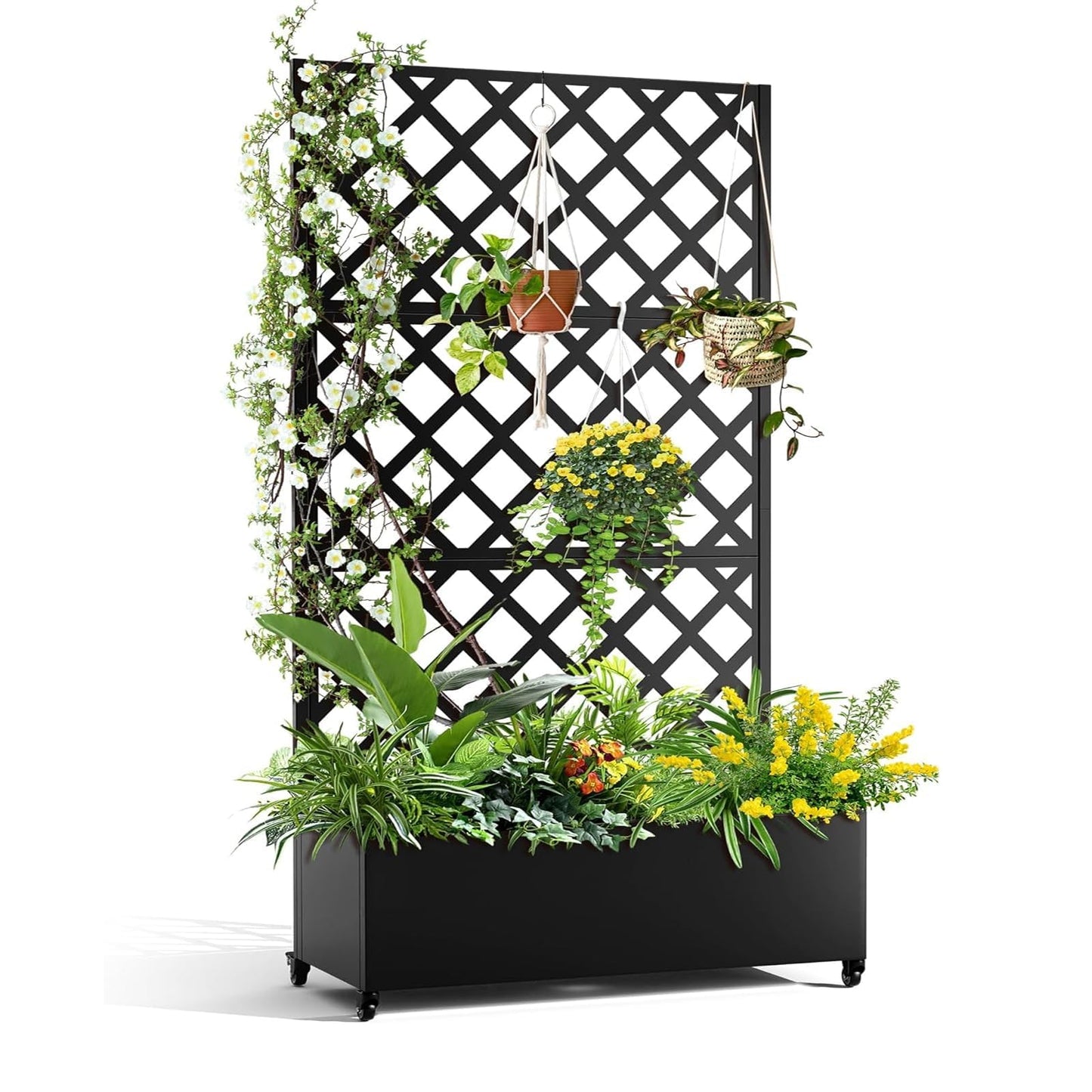 Metal Raised Garden Bed with Trellis and Wheels, 72"x47" Planter Box for Climbing Plants, Vegetables & Vines, Features Drainage Holes and Privacy Screen
