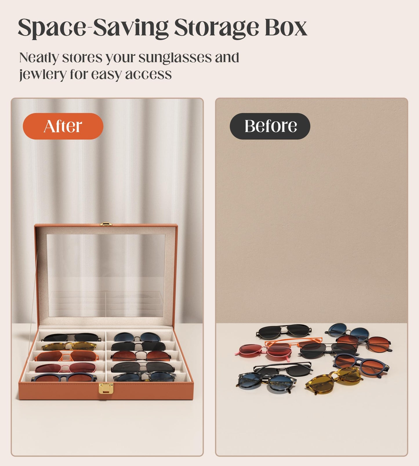 sensok Sunglasses Organizer Storage Box - 10 Slots Eyeglass Display Case for Multiple Pair Glasses, Sunglass Holder with Clear Glass Lid, Jewelry and Watch Collection Box for Women and Men, Brown