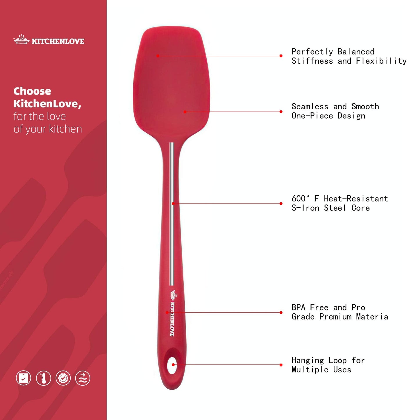 KITCHENLOVE Premium 600°F Heat Resistant 5 Piece Silicone Spatula Set for Baking, Cooking, Mixing - Non-Stick with High Grade S-Iron Steel Core - One Piece Seamless Design - BPA Free (Red)