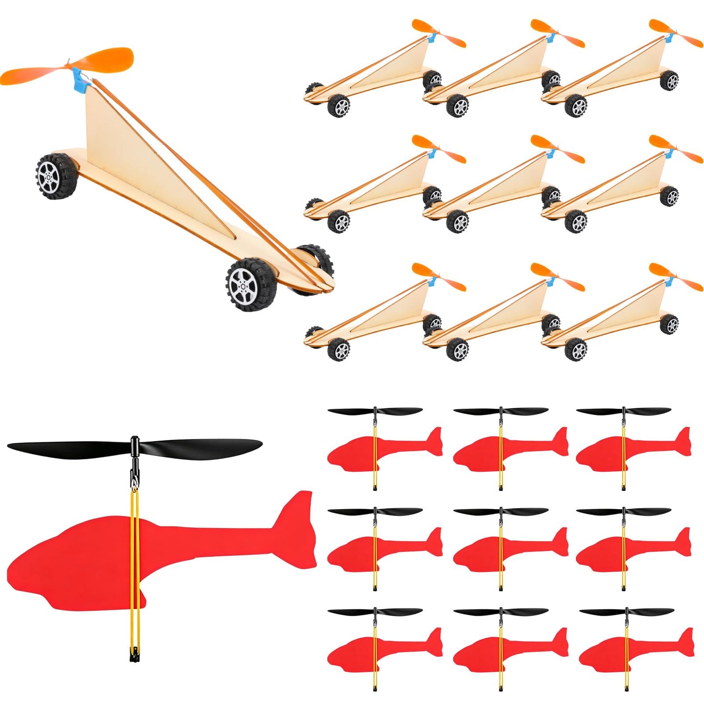 Teyva Daily 24 Set Rubber Band Helicopter and Propeller Car Kit DIY Bulk Stem Crafts Project with Complete Materials and Instructions for Science Fair, Group Activities