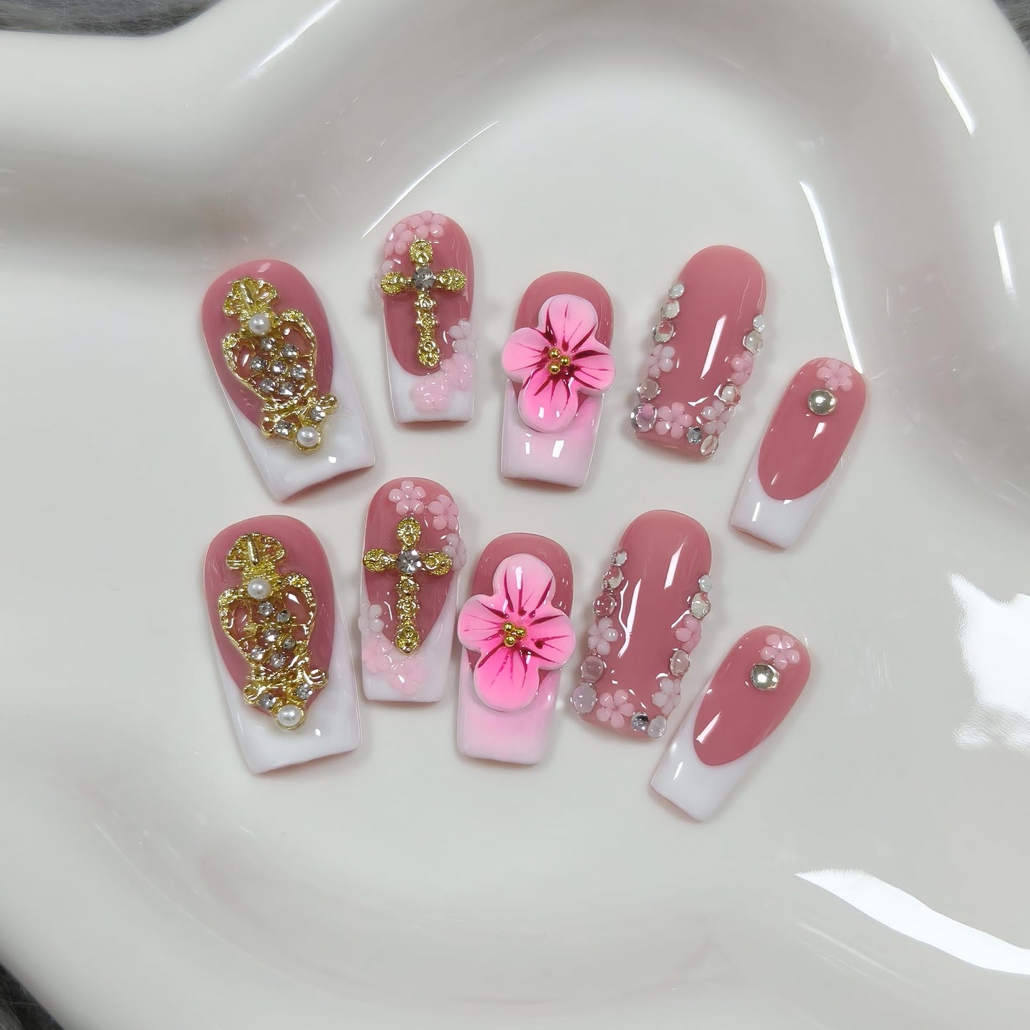 TENPAL Squoval Press on Nails Medium - White French Tips with 3D Cross & Floral Lace, Reusable & Handmade False Nails for Edgy Everyday Wear | Sweet Gothic Style(M)