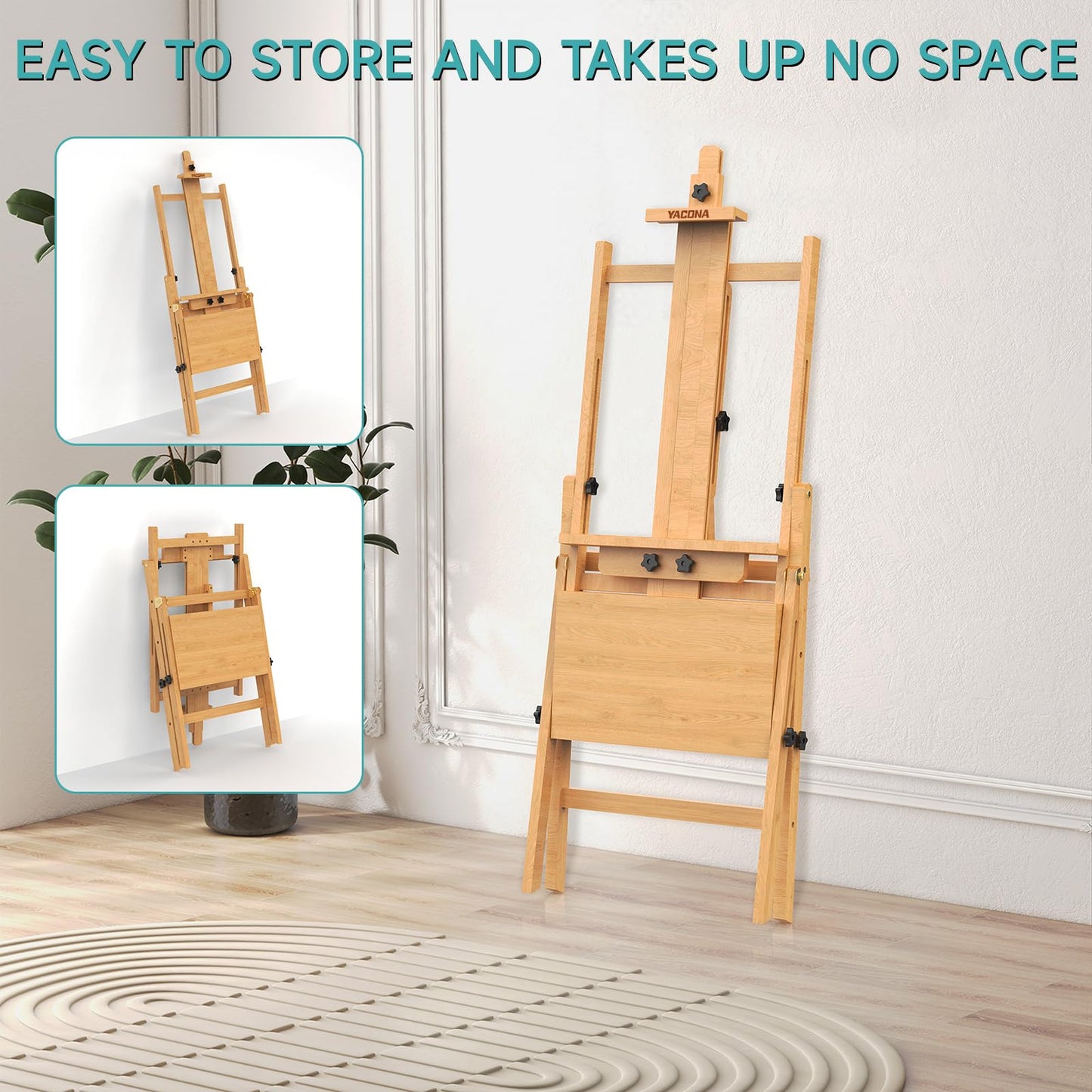 Solid Beech Wood H-Frame Easel, Large Painting Easel with Storage Box and Palette, Professional Foldable Studio Art Easel Stand with Signature Box for Adults, Holds Canvas Art up to 48"