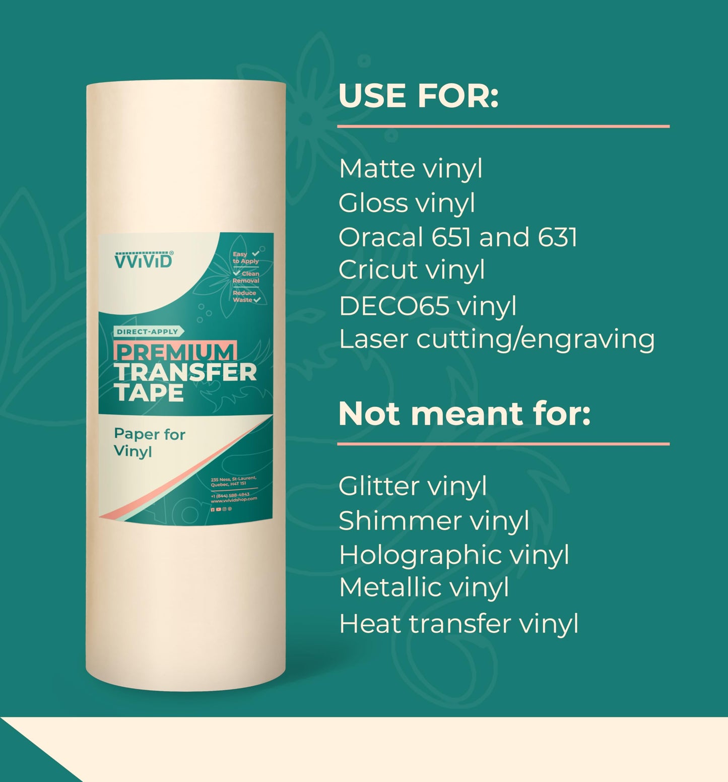 VViViD Premium Direct-Apply Medium Tack Transfer Tape for Crafting Vinyl, 12” x 100’ Easy-Apply Paper for Cricut, Sillhouette, Decals and Lettering