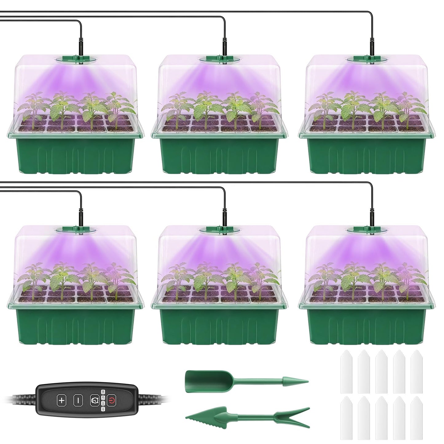 Pawfly 6 Pack Seed Starter Kit, 72 Cells, Seed Starter Trays with Adjustable Grow Lights & 3.9" Humidity Domes, Indoor Seedling Starter Trays, Reusable Plant Germination Trays, Seed Starting Trays