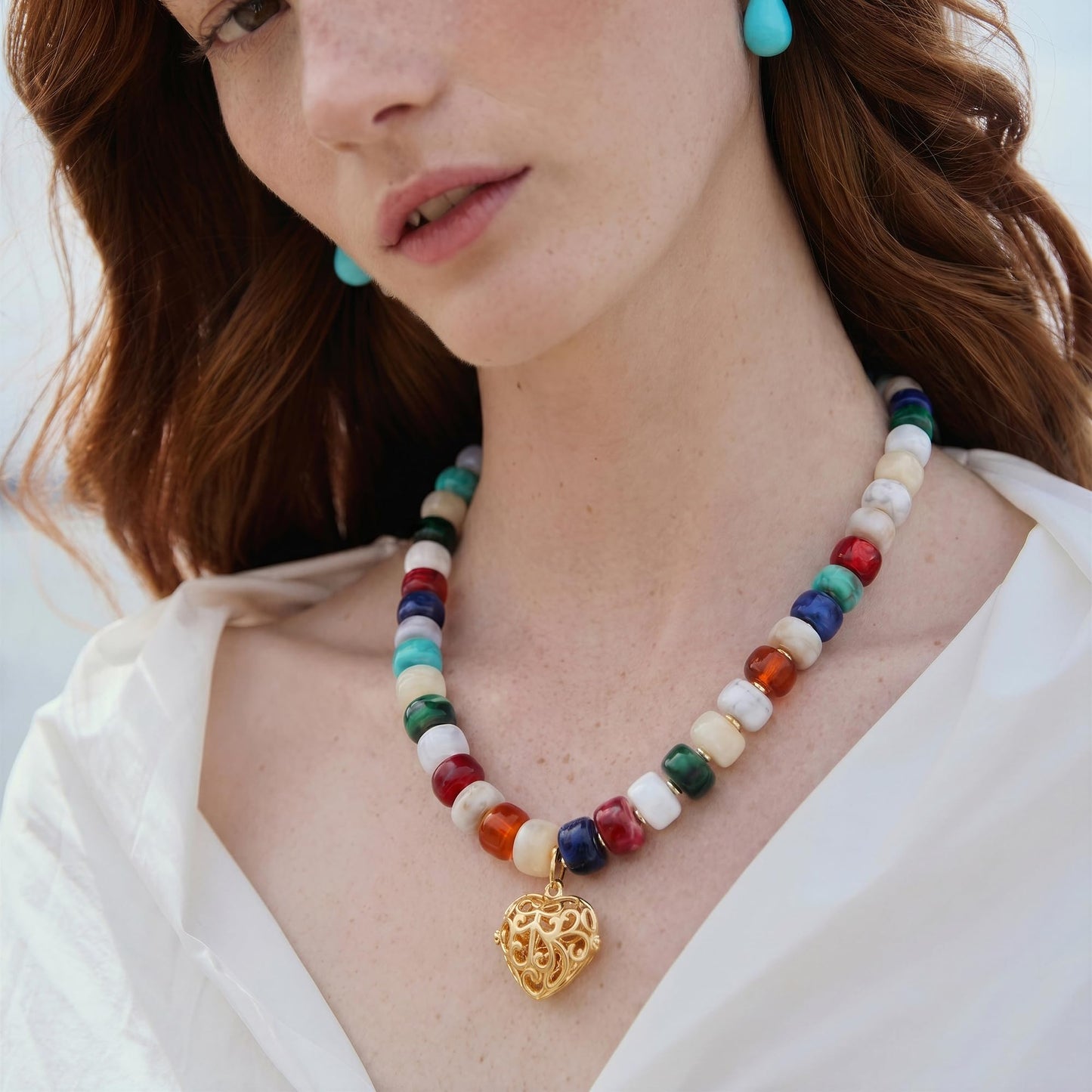 MIUSISHIYU Colorful Chunky Essential Oil Diffuser Necklace Boho Heart Locket for Aromatherapy Hypoallergenic Statement Jewelry Gift for Women