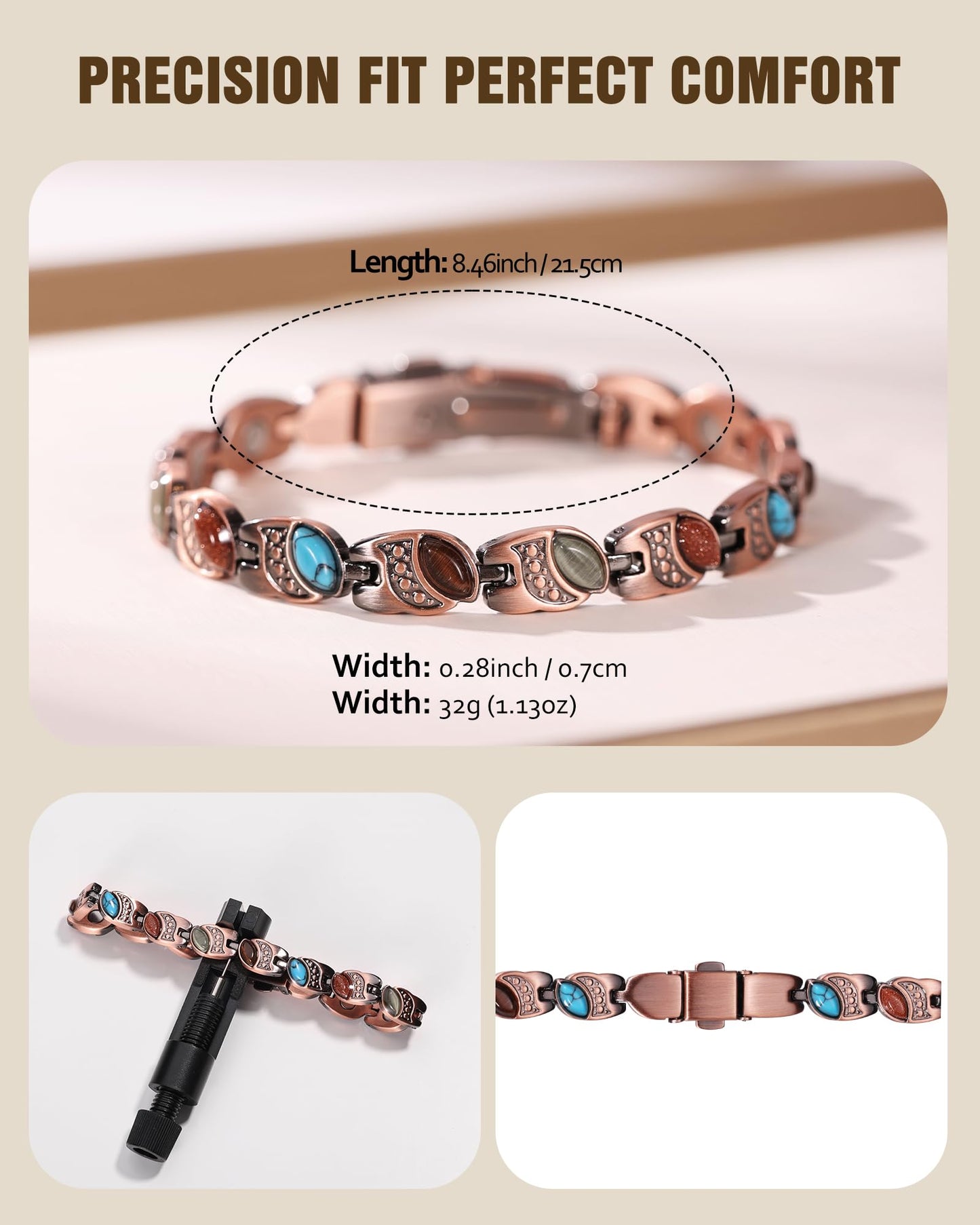 Jecanori Ultra Strength Copper Magnetic Bracelets for Women with 3800 Gauss Magnets &Natural Turquoise & Adjustable Tool