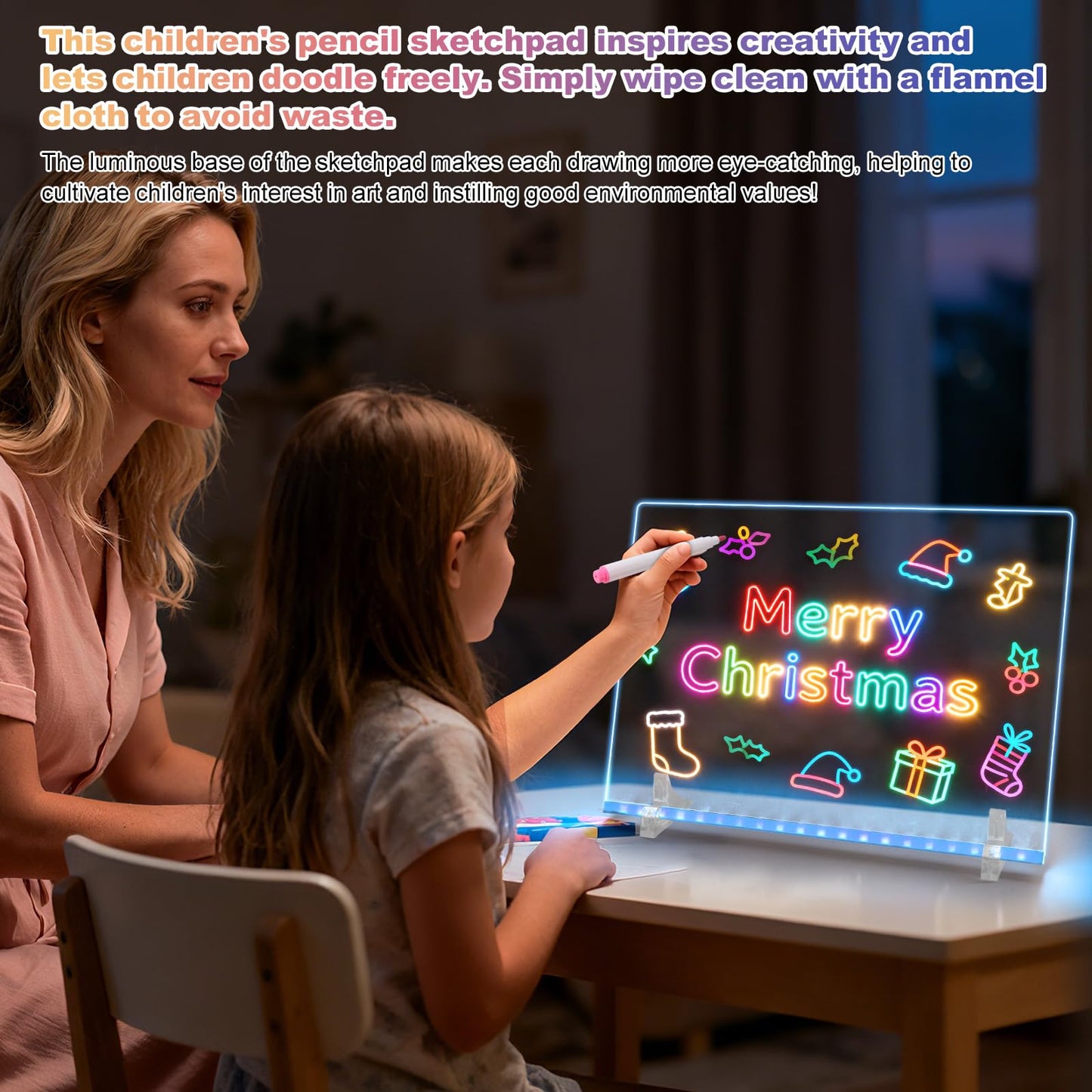 LED Note Board with 7 Colors 2-Pack,13.7"x10" Light Up Dry Erase Board for Kids with 4 Modes,Includes Adapter,Invisible Stand,7 Markers,Spray Bottle,Hanging Chain - Holiday & Christmas Gift,Acrylic