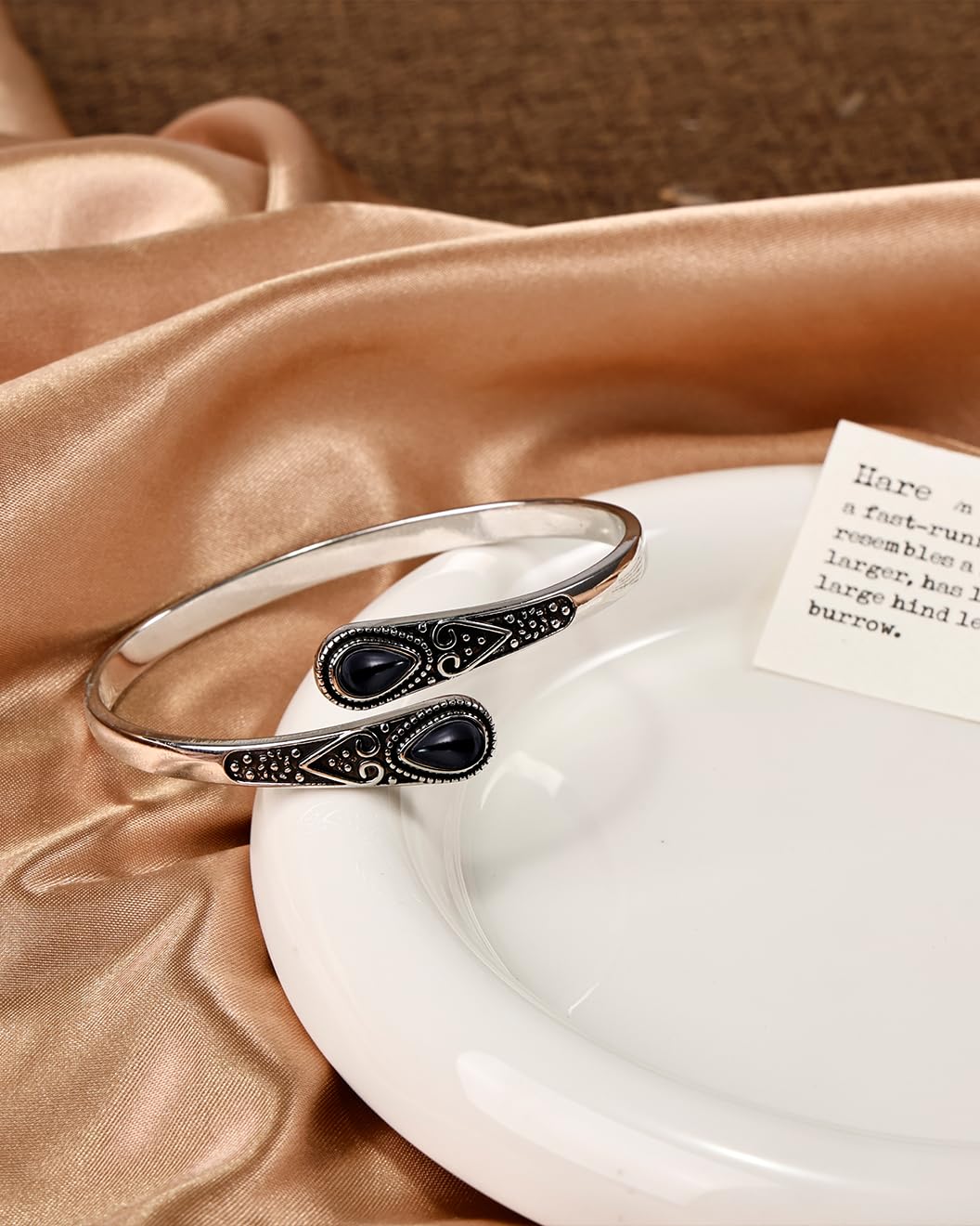 Irideket Vintage Sterling Silver Bracelet with Black Onyx, Silver Bangles for Women, Adjustable Silver Jewelry, Elegant Cuff Silver Bracelet