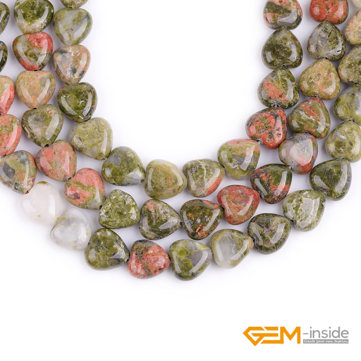 GEM-Inside 10mm Heart Charms Natural Green Unakite Jasper Gemstone Stone Beads for Jewelry Making Full 15" Strand Power Energy Healing Chakra Stone Beads