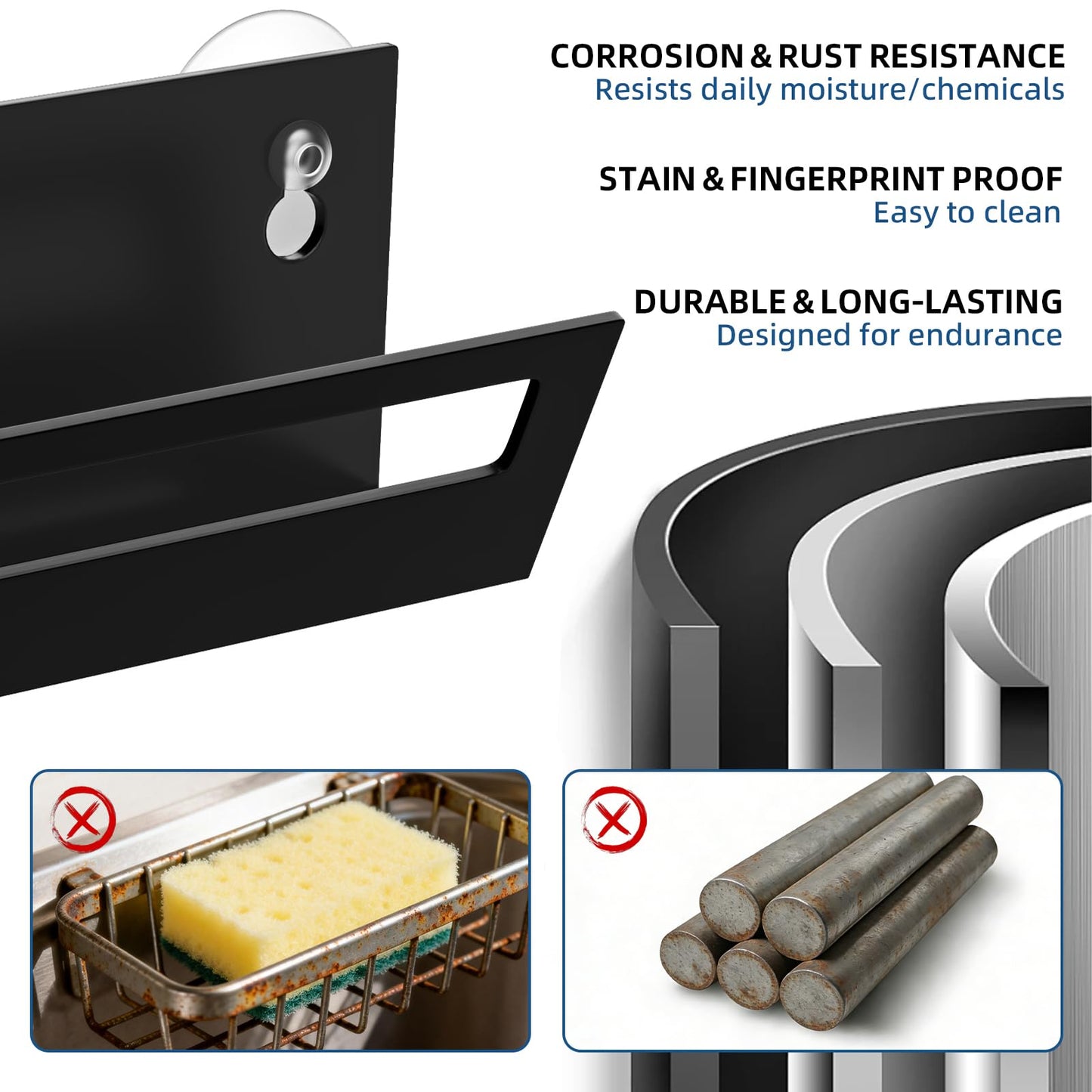 Sponge Holder for Kitchen Sink with Suction Cups & Adhesive Hook, Rustproof In-Sink Sponge Holder, Space-Saving Wall Hanging Sink Caddy Organizer Rack - Sponge, Dish Cloth, Brush - Stainless Steel