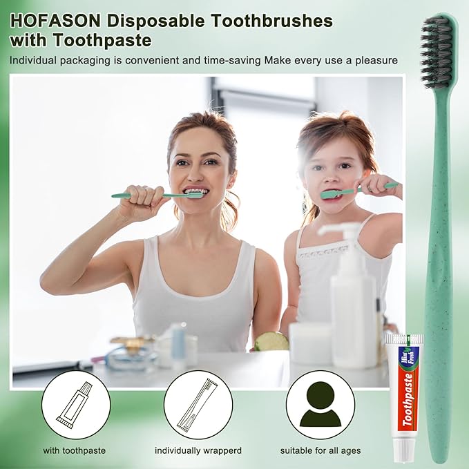 HOFASON Disposable Toothbrushes with Toothpaste 100 Pack, Bulk Travel Toothpaste and Toothbrush Set, Travel Size Tooth Brush Paste Kit, Individually Wrapped Toiletries for Homeless, Hotel, Shelter