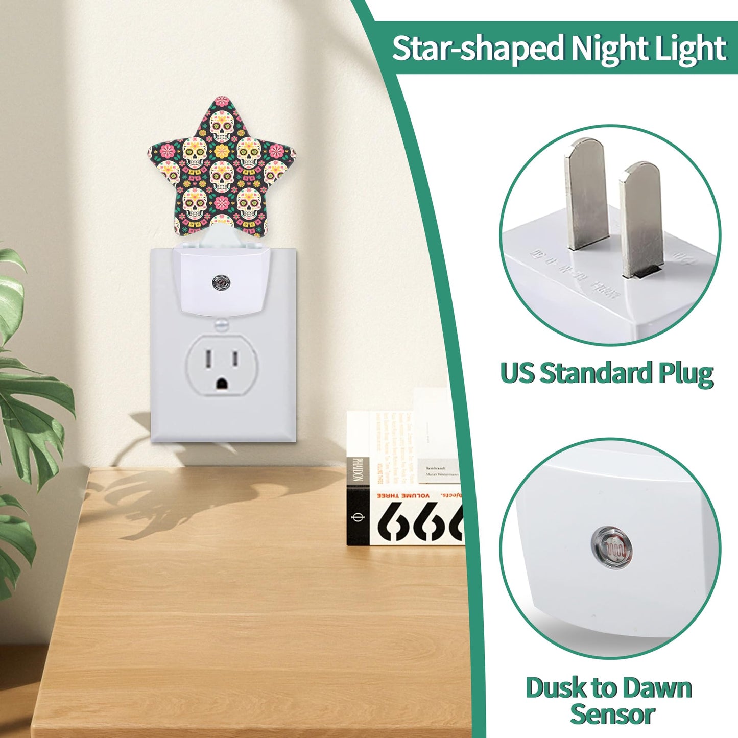 Star Night Light with Dusk to Dawn Sensor, Funny Skull Plug in Night Light for Kids Bedroom Nursery, Soft Warm Glow Lamp for Hallway Bathroom Energy Saving