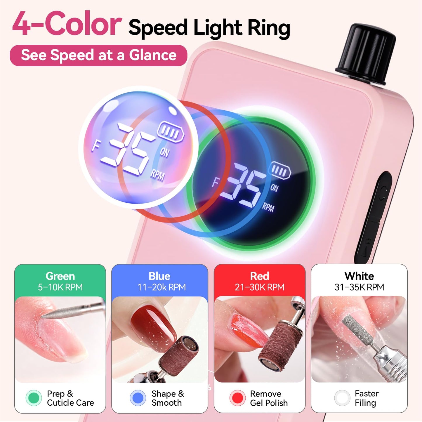 Makartt Cordless Nail Drill for Beginners: Easy & Safe Electric Nail File for Home DIY, Low Vibration Quiet Control with LCD, for Gel Removal, Shaping & Nail Care, YEEYAN