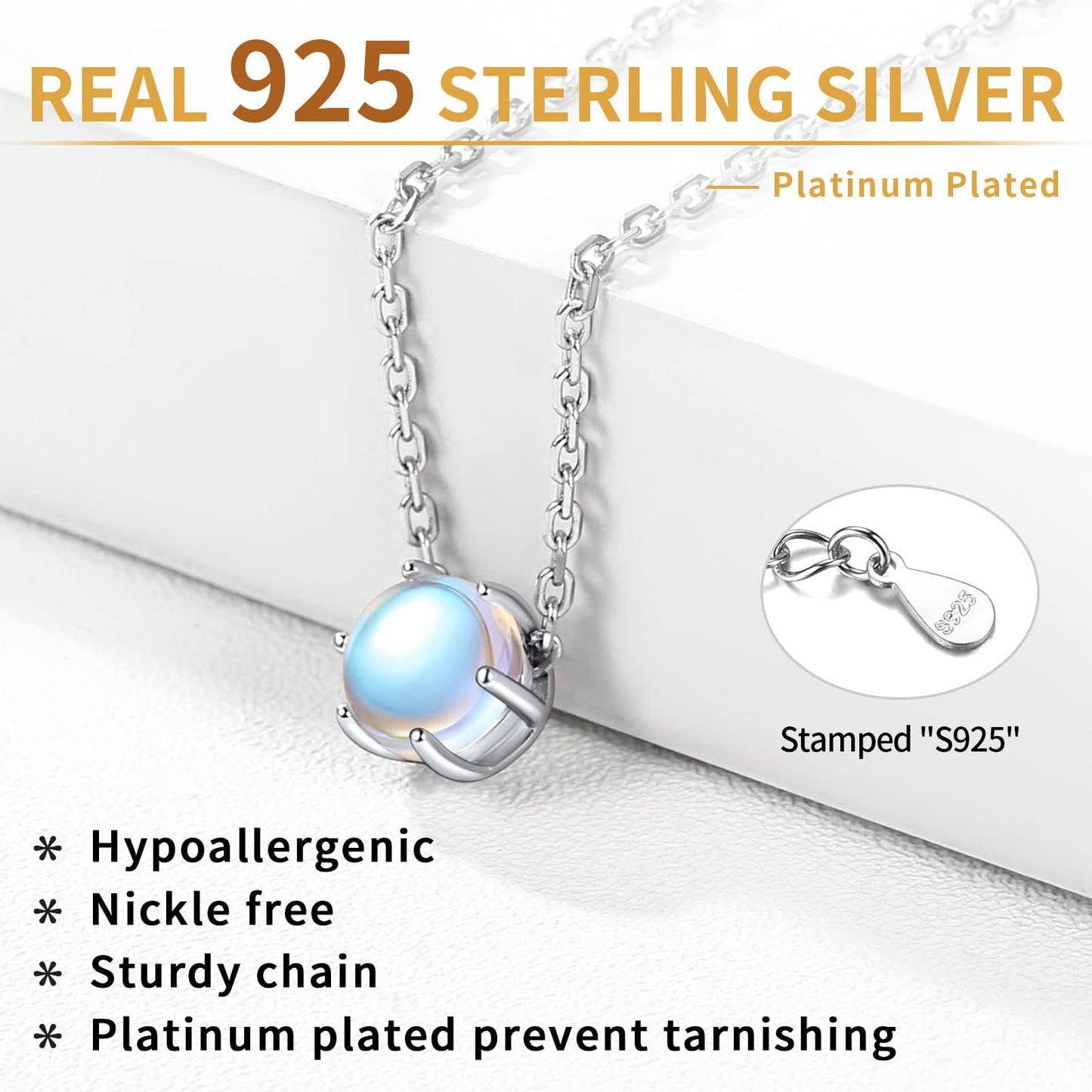 ChicSilver Moonstone Necklace 925 Sterling Silver Round Cut Gemstone Solitaire Pendant Necklace June Birthstone Jewelry for Women