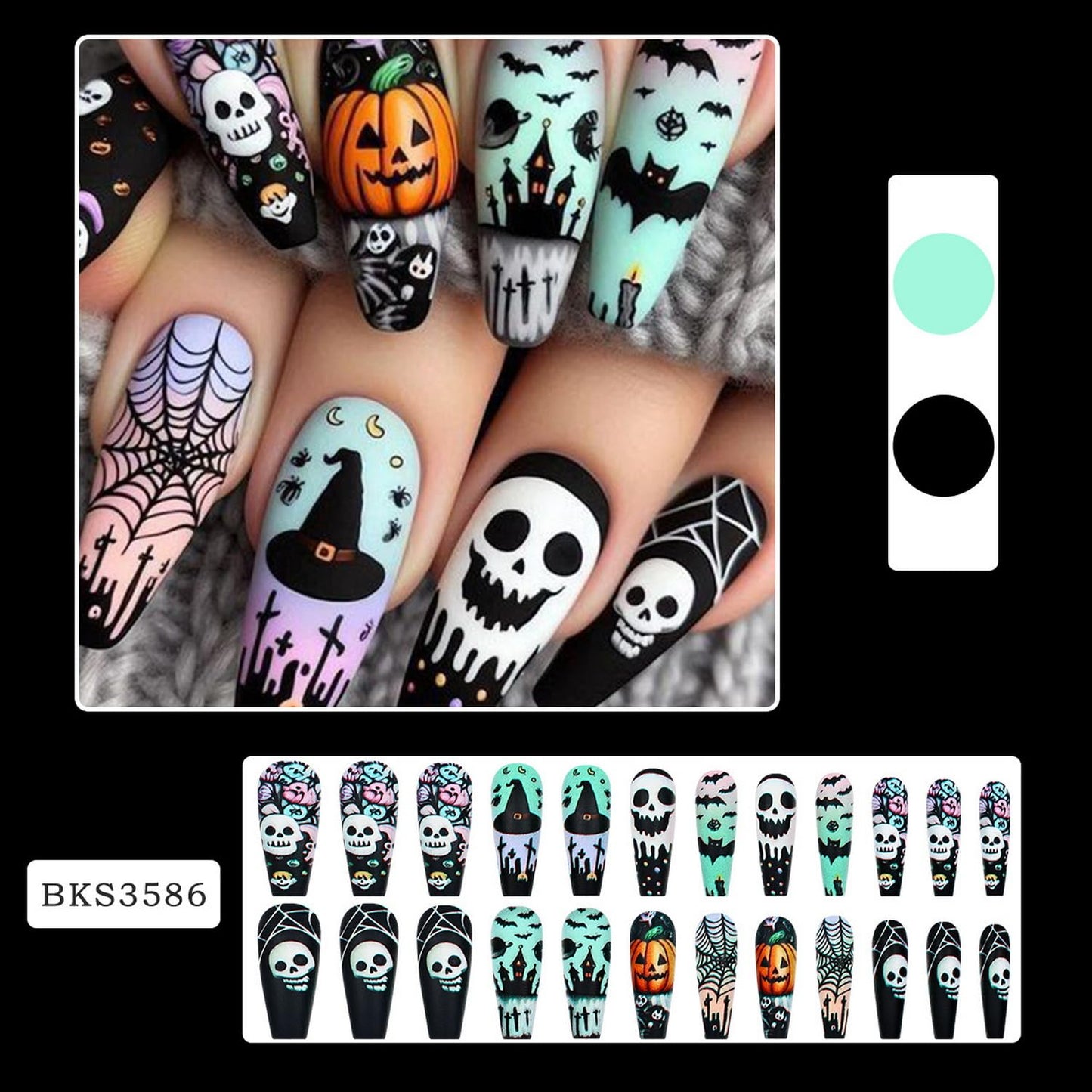 Halloween Press on Nail Long Coffin Fake Nails with Skull Pumpkin Bat Castle Spider Web designs Halloween False Nails Full Cover Black Press ones Acrylic Glue on Nails for Women Party Decor 24pcs