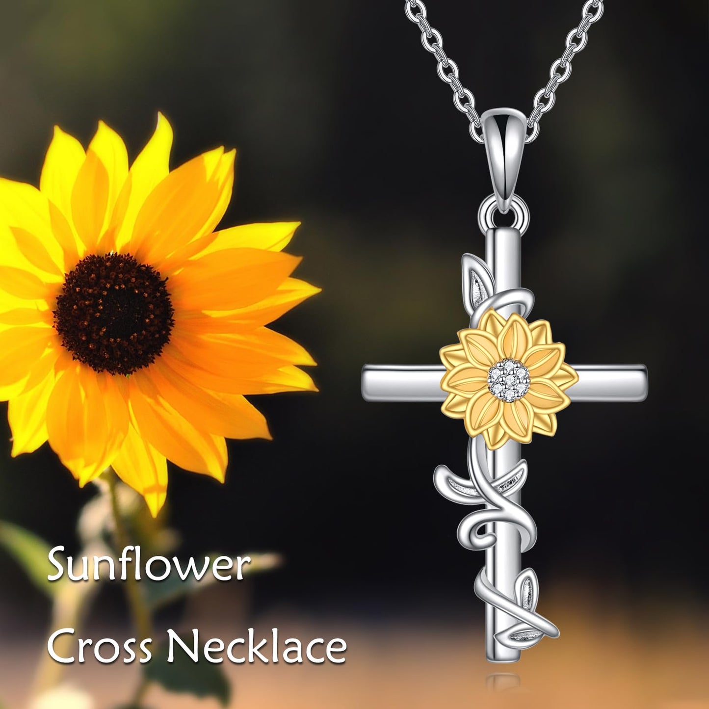 SHEAISRS Women's Sunflower Cross Necklace 925 Sterling Silver Delicate Sunflower Pendant for Women(Sunflower)