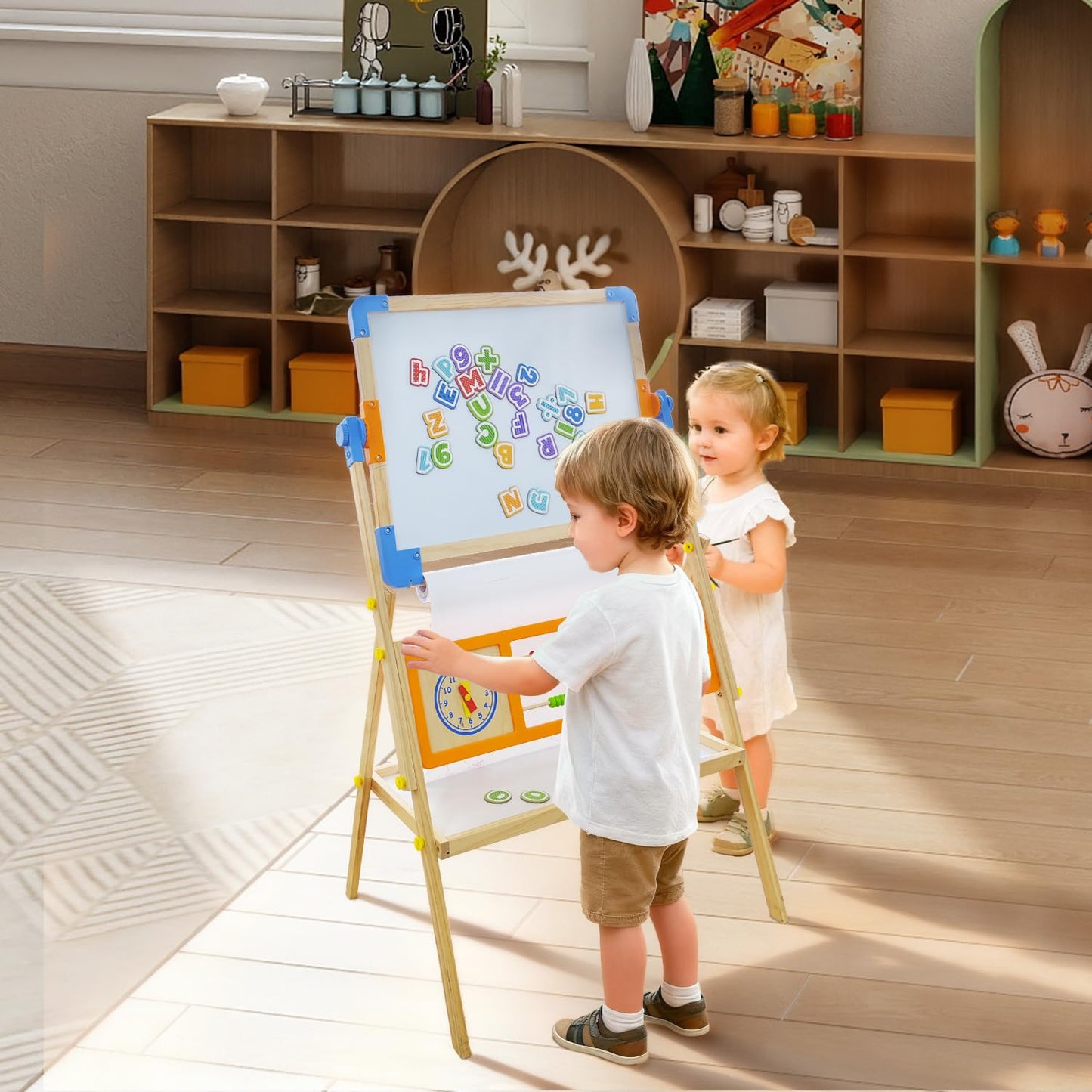 Asweets 3 in 1 Kids Art Easel, Magnetic Whiteboard/Chalkboard with Drawing Paper Roll, Abacus/Clock/Alphabet Chart - Educational Toy for Toddlers Preschoolers (3-8)