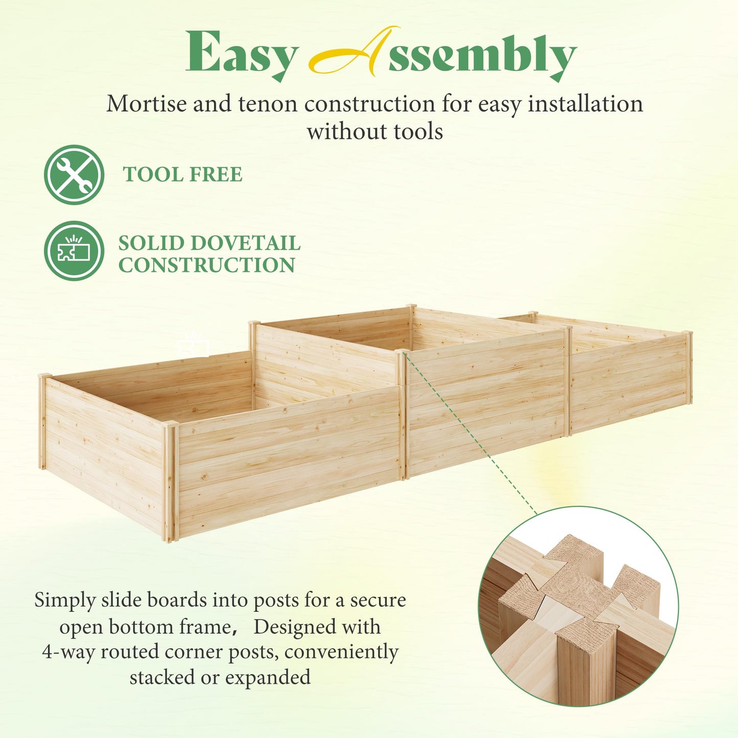 SPECRAFT 2-Tier Raised Garden Bed, 23-Inch Deep Fir Wood Planter Box with Mortise & Tenon Structure, 3-Section Open Base for Vegetable, Flowers & Herb, for Backyard, Garden, Patio, 142 x 49 x 24 in
