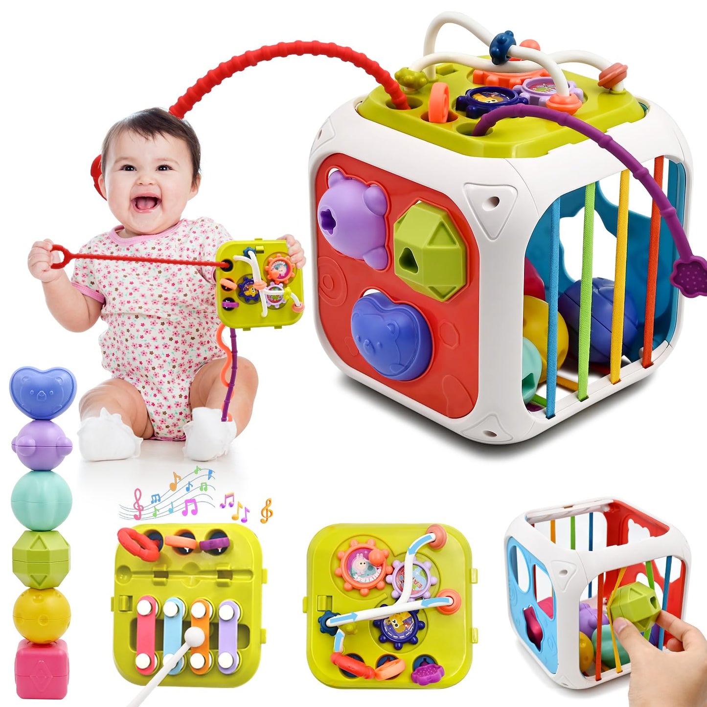 AiTuiTui Multifunction Baby Sensory Montessori Activity Cube Toys, Shape Sorter Early Learning Educational Interactive Toys for Infant Toddlers Boy Girl, Birthday Gifts Easter Basket Stuffers
