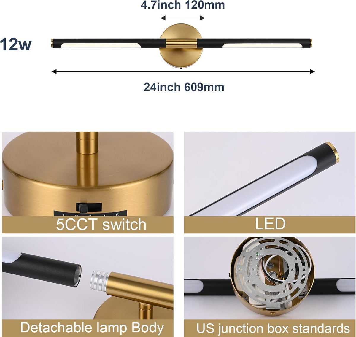 BONLICHT Bathroom Light Fixtures Over Mirror 24 Inch, 12W 350°Rotatable Dimmable 2700-5500K LED Wall Vanity Light Bar Black and Brushed Brass Modern Bathroom Vanity Lights picture and display lighting