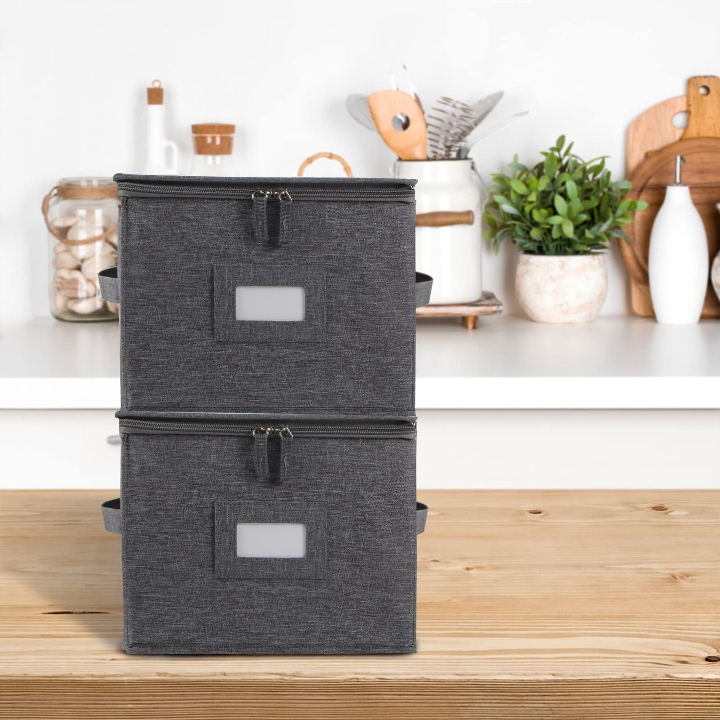 popoly China Storage Container for Bowls or Dessert Plates, 8.5" W x 6" H Plate Storage Case with 24 Felt Dividers, Hard Shell and Stackable (2 Pack Grey)