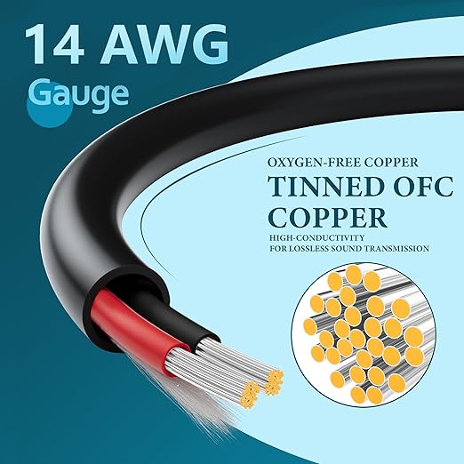 HiFind 14/2 Gauge Speaker Wire Cable 250 Ft-Tinned OFC Copper-UL CL3 Rated- Indoor/Outdoor-Pro Series 14 AWG-UV PVC Jacket&Cotton, Hi-Fi Sound for Car Audio,Home Theater Speakers,Stereos-Black