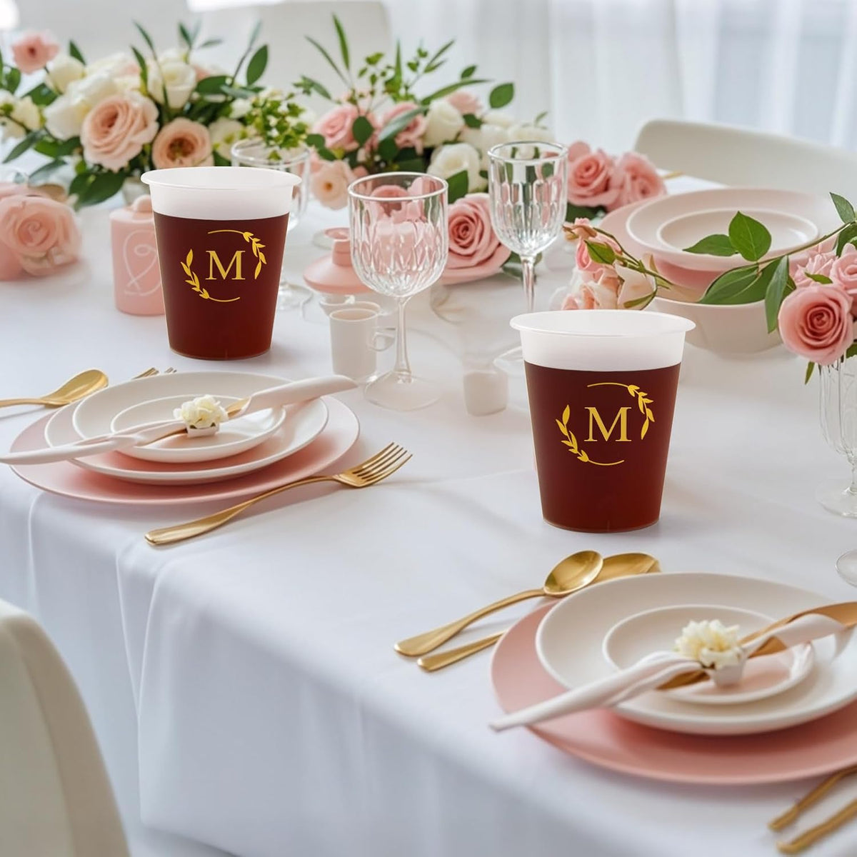 100 Monogrammed Cups Disposable Initial Plastic Cup 12 oz Wedding Personalized Cup for Wedding Reception Baby Shower Birthday Party(Letter M)