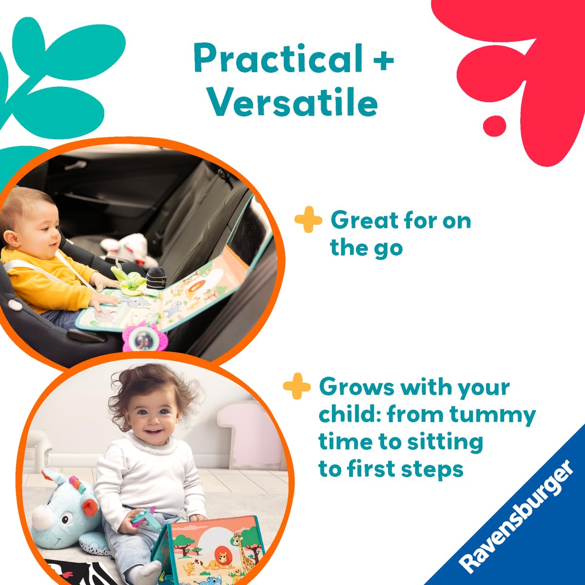 Ravensburger Play+ 3-in-1 Tummy Time Activity Station - Rhino | Interactive Play Mat | Encourages Motor Skills & Exploration