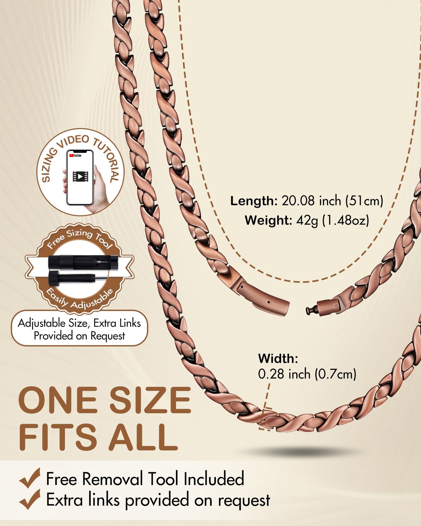 Feraco Copper Necklace for Men Women, 99.99% Pure Copper Magnetic Chains with 3500 Gauss Ultra Strength Neodymium Magnets, Adjustable Jewelry Gift (Fishtail)