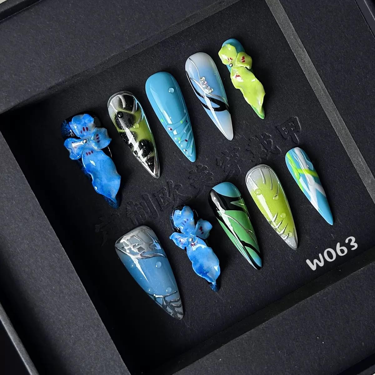 100% 5D Handmade Press on Nails Ombre Blue Long Stiletto Nails Press ons- Water Ripple False Nails Gradient Green Press on Nails Summer Fake Nails for Women Girls Daily Wear DIY Manicure Size L