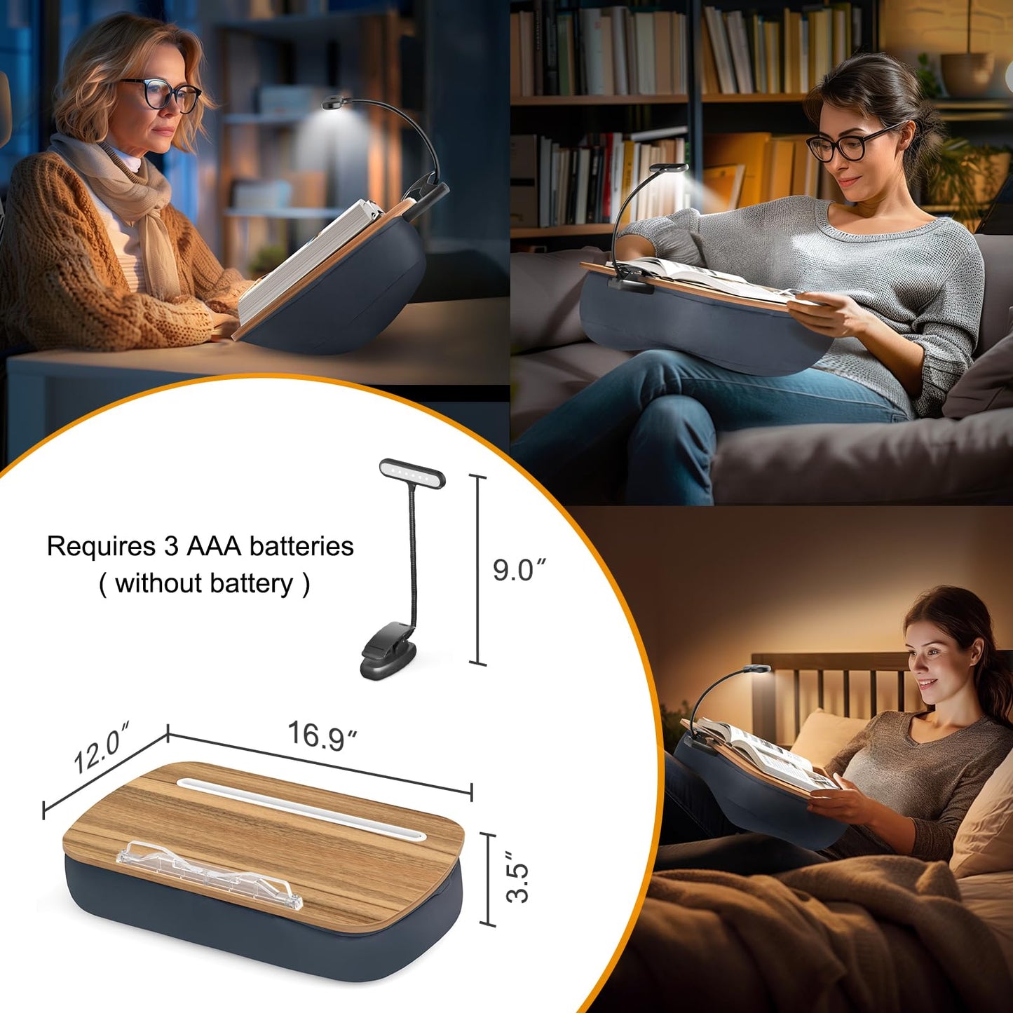 ERGONOV Book Pillow Stand with 6500K Reading Light, Hands Free Book Holder, Comfortable Lap Book Stand for Reading in Bed, Desk, or Sofa, Wooden Book Rest for Book Lovers,AAA Battery Required