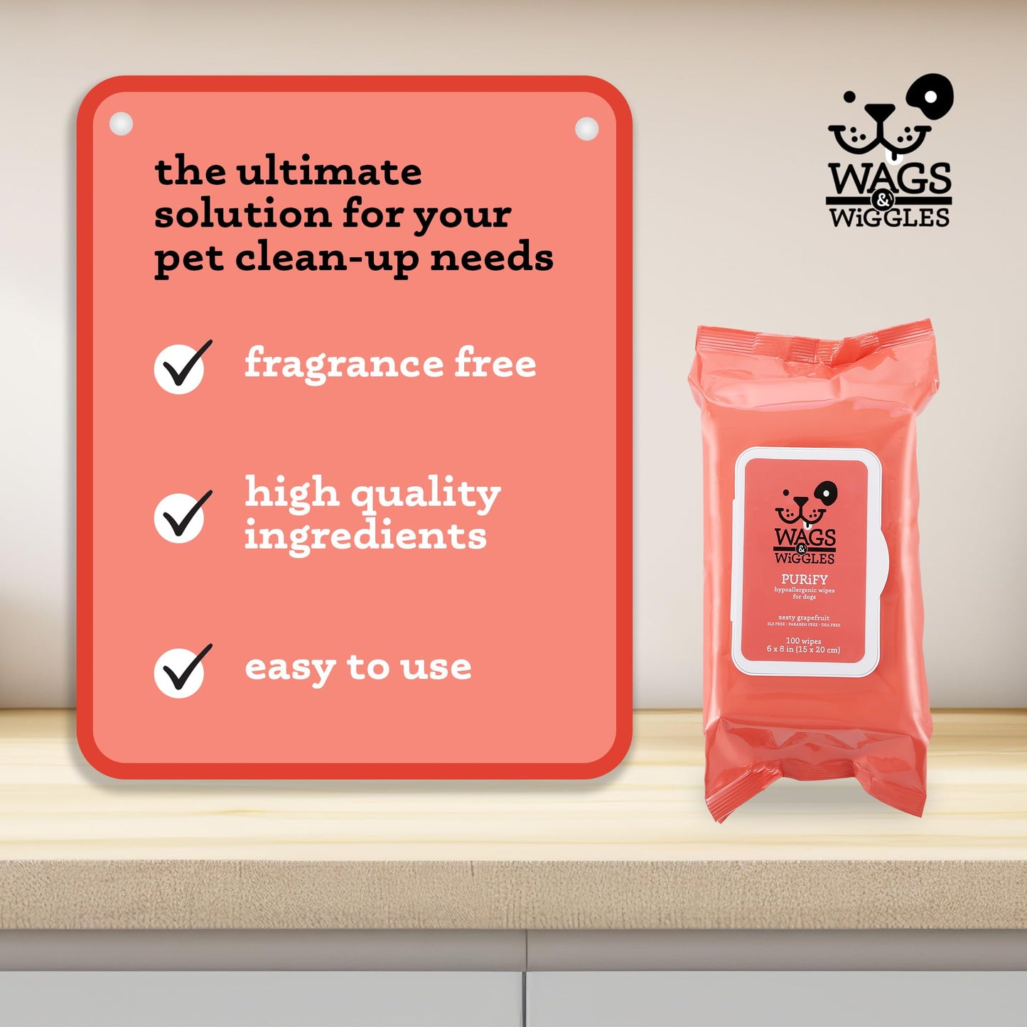Wags & Wiggles Purify Hypoallergenic Dog Wipes for Sensitive Skin, Paw and Body Grooming Wipes with Gentle Plant Based Formula for Everyday Cleaning, Zesty Grapefruit Scent, 100 Count
