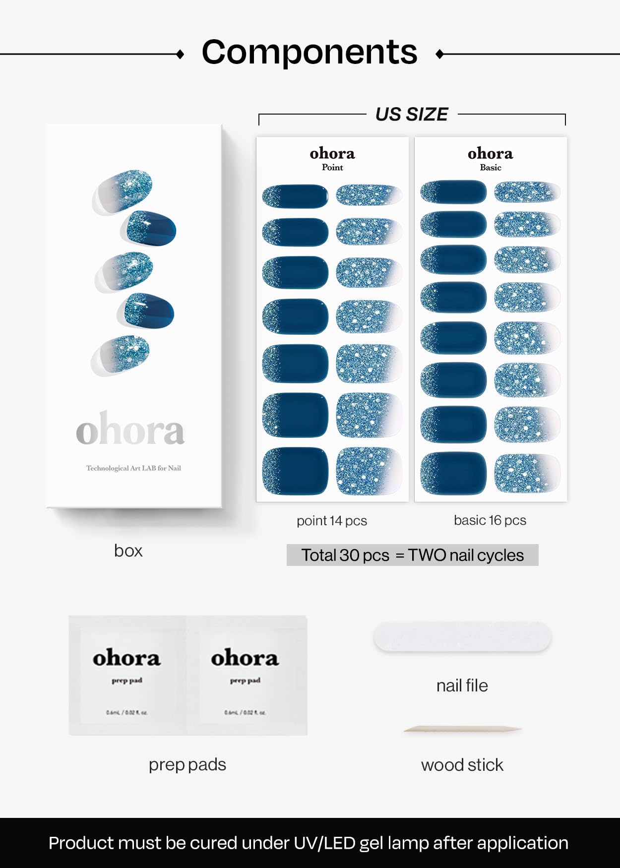 ohora Semi Cured Gel Nail Strips (N Waterbomb) - Blue, Glitter, Works with Any UV/LED Lamps, Salon-Quality, Long Lasting, Easy to Apply & Remove - Includes 2 Prep Pads, Nail File & Wooden Stick