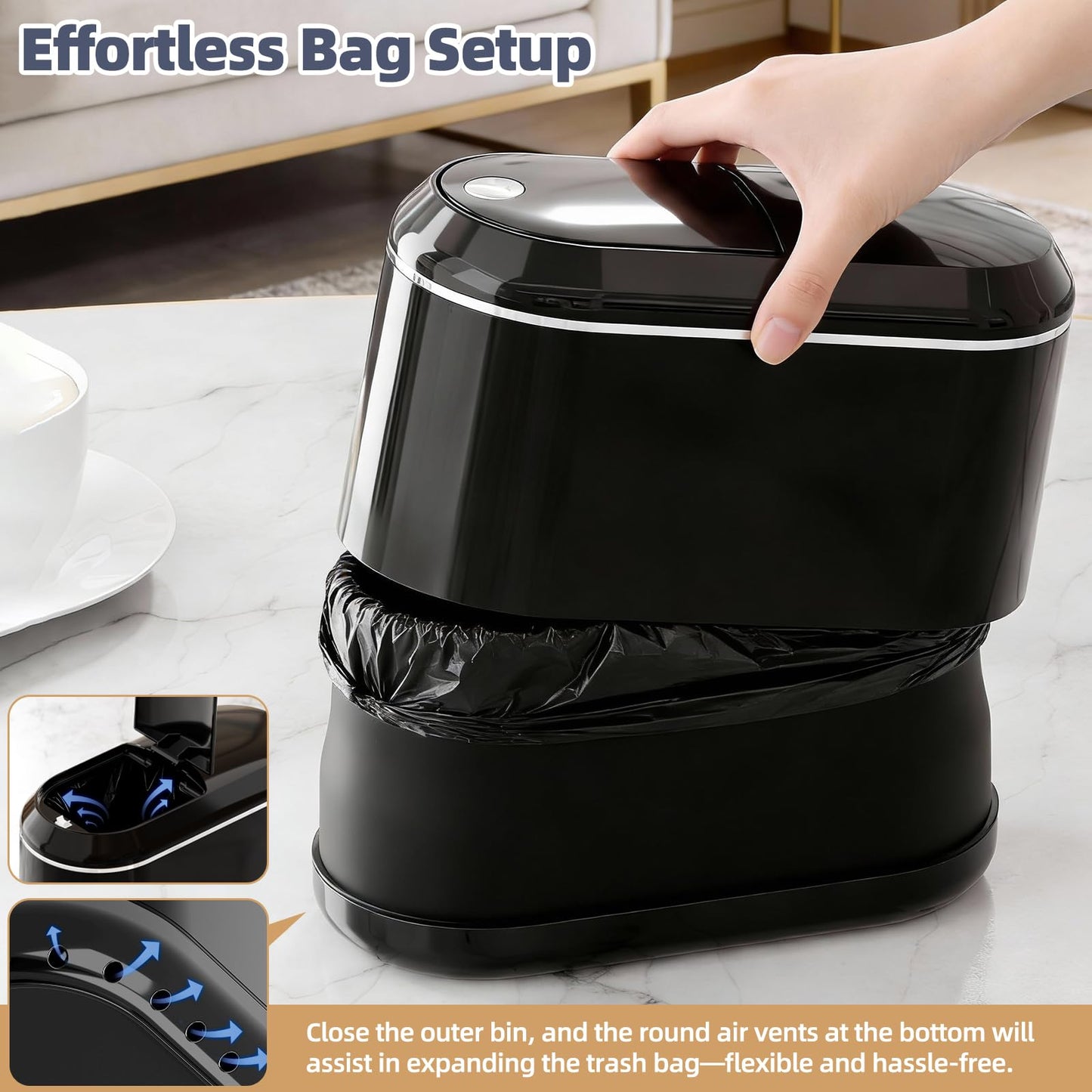 PAVSTINE Mini Trash Can for Desk with 5 Rolls of Trash Bags, Small Press-Top Countertop Garbage Bin, Removable Waste Basket for Bedroom, Vanity, Coffee Table, Kitchen (Black Half-Lid)
