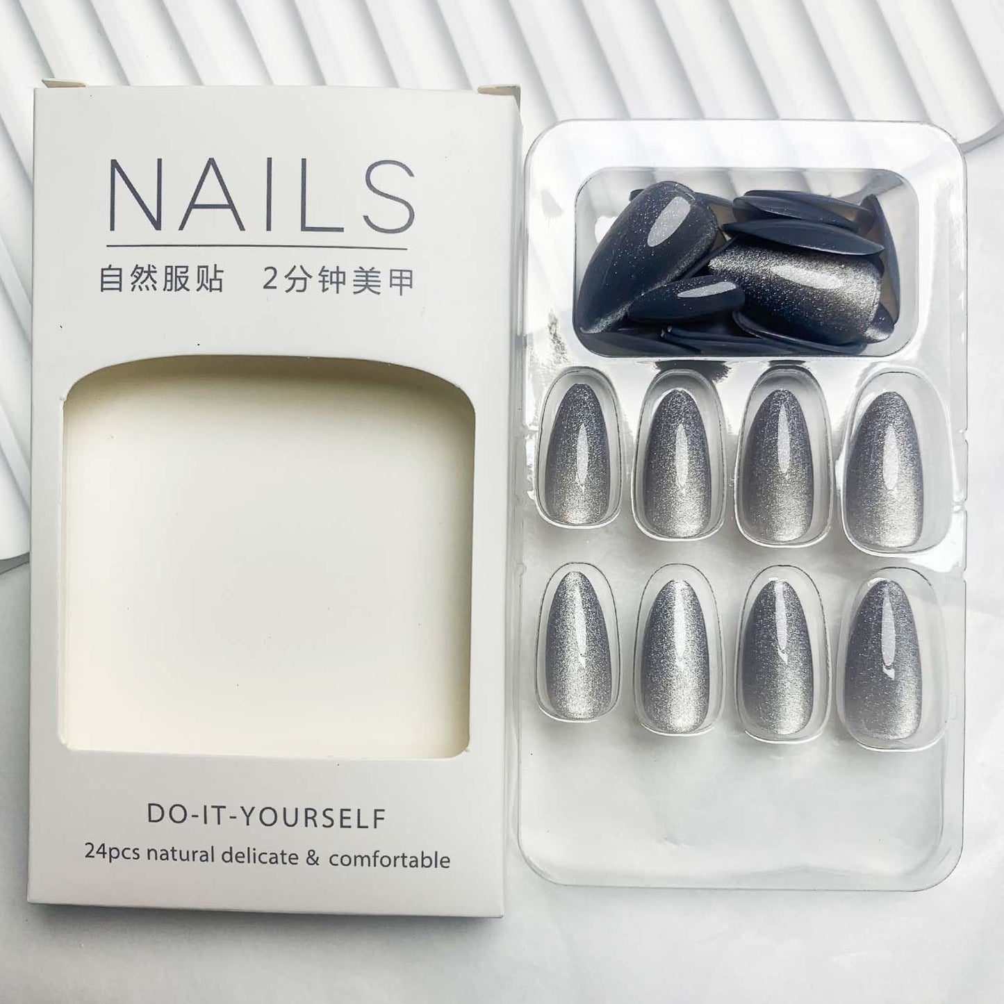 Gray Cat EyePresss on Nails Medium Almond Fake Nails Glossy Shiny Acrylic Nails Glitter Ombre Glue on Nails Solid Color Nails Press ons Short Almond Nails False Nails for Women 24Pcs