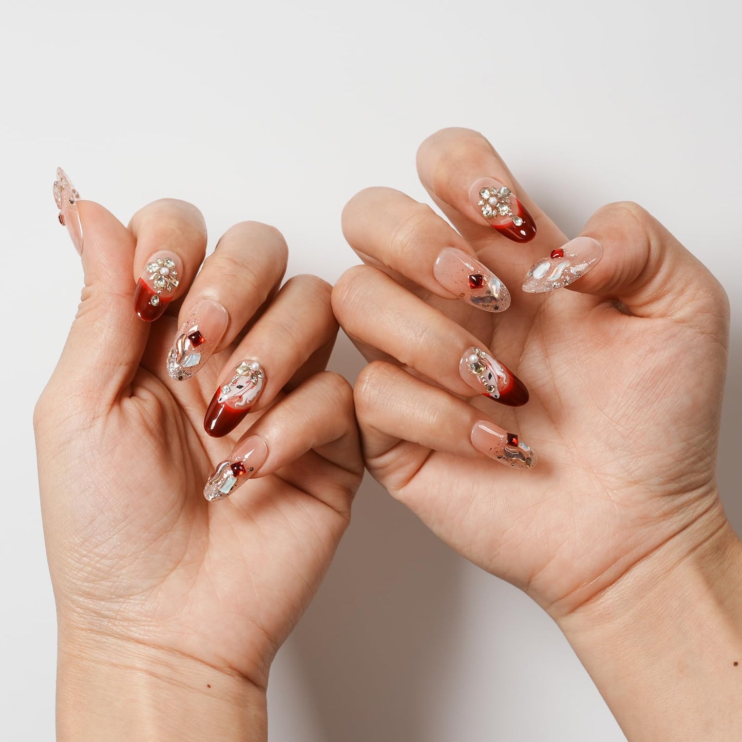 Tesytto Handmade Press on Nails Almond Shape Glossy Reusable False Nails for Nail Art (Crimson Crystal Butterfly Glow, M)