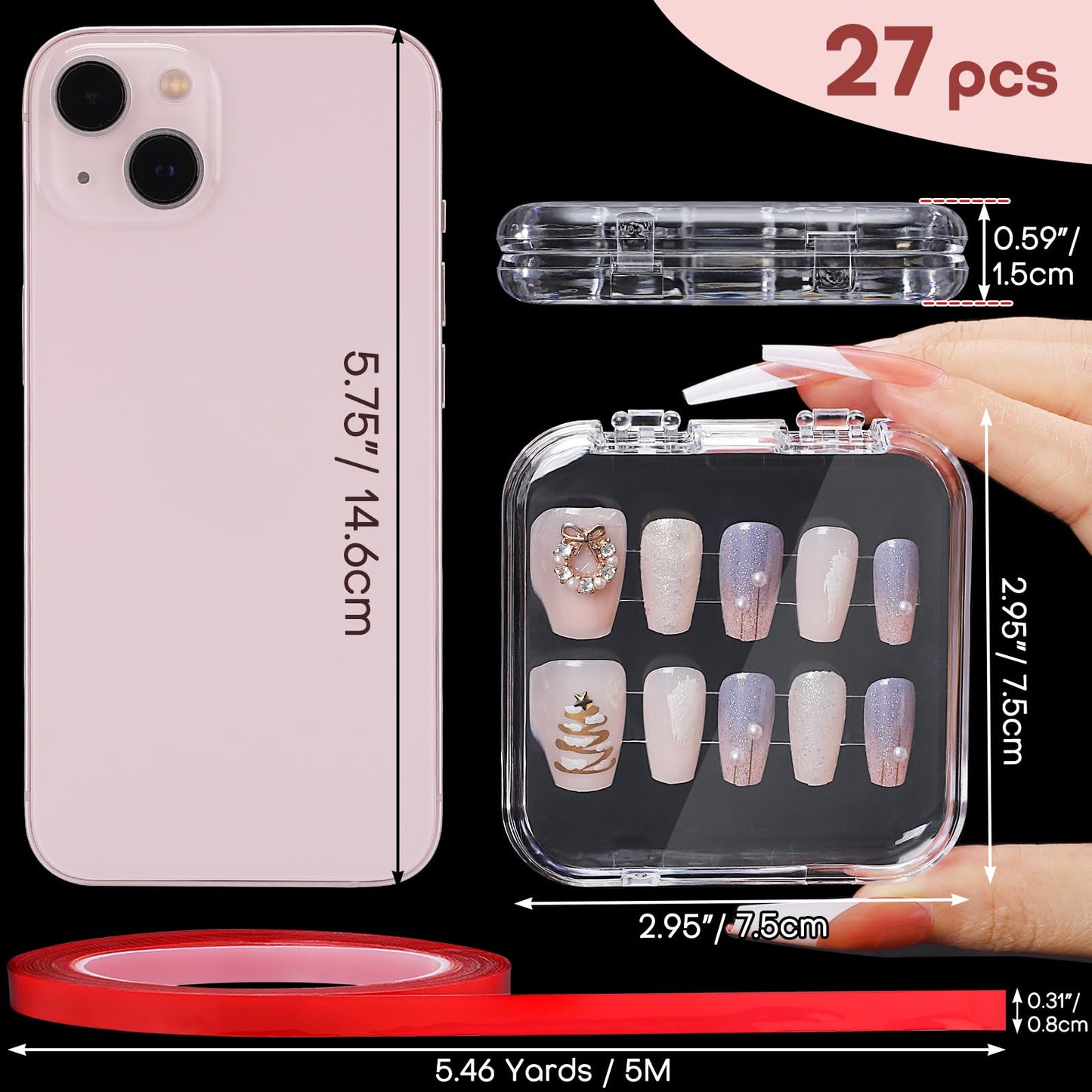 Udefineit 27PCS Press on Nail Boxes with 5M Nail Tape, Clear Acrylic Nail Display Box for Storage Nail Tips Press on Container Plastic Empty Packaging Boxes for Nail Art Home Beauty Salon